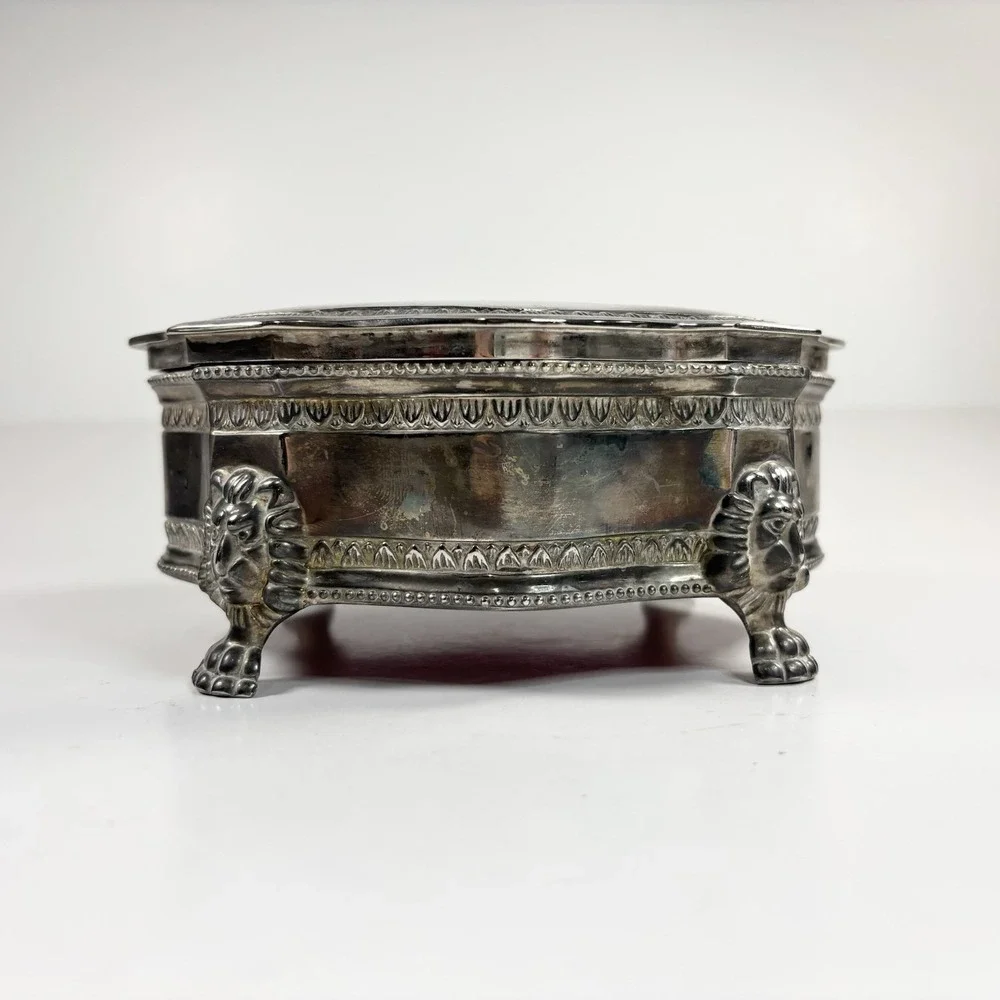 Vintage Lion's Creat Hinged Lid Red Velvet Lined Trinket Box
